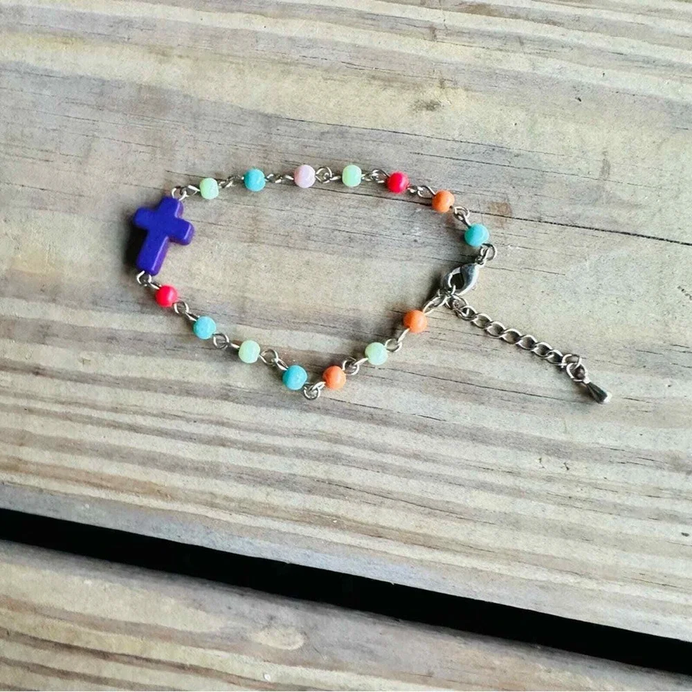 Purple Cross Bracelet Easter Beaded Kids Girl‎ Child Communion Spring Dainty